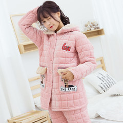 Lilac Meilun winter jacket cotton pajamas three female layer with cashmere Hoodie clothing Home Furnishing cute cartoon long suit L (weight 105-125 kg) Red bean paste