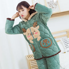 Lilac Meilun winter jacket cotton pajamas three female layer with cashmere Hoodie clothing Home Furnishing cute cartoon long suit L (weight 105-125 kg) Grass green