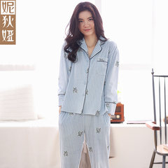 2017 new women's pajamas, women's autumn long sleeves, cotton simple men's spring and autumn home suit S (combed cotton skin comfort) The woman ZF73109 blue stripes
