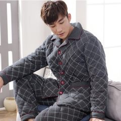 Winter cotton man cotton clip suit, three layers thickening, warm cotton, XL long sleeves, winter pajamas 3XL (for 185-205 Jin) 6133# grey Plaid Cotton Pajamas