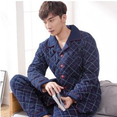 Winter cotton man cotton clip suit, three layers thickening, warm cotton, XL long sleeves, winter pajamas 3XL (for 185-205 Jin) 6150# Dark Blue Plaid Cotton Pajamas