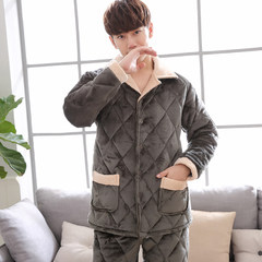 Clip cotton pajamas male winter coral fleece three thicker men size Home Furnishing Flannel Suit Jacket Korean clothing L code is very thick Mink green