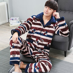 Men's winter with three layers of coral cashmere cashmere cotton flannel pajamas men warm clothes Home Furnishing suit L #687