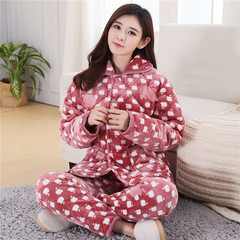 Winter flannel, cotton pajamas, mother's home clothes, three layers thickening lady's coral fleece jacket, winter in winter L code recommends weight 85-105 Apple bean paste