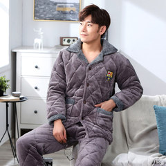 Autumn and winter long sleeved jacket Mens mink cashmere warm cotton clothing Home Furnishing cotton three layer with velvet clip cotton pajamas M The sun light gray cotton