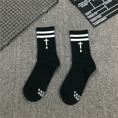 Korean socks ulzzang Harajuku tide brand men and women stockings Hello Red Hip Hop Street skateboard socks Size 35-44 Black cross