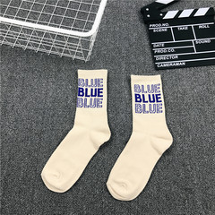 Korean socks ulzzang Harajuku tide brand men and women stockings Hello Red Hip Hop Street skateboard socks Size 35-44 BLUE blue word