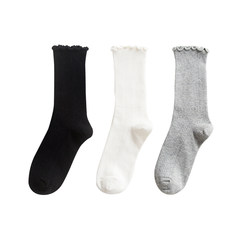 Pile of socks during the spring and autumn winter thin pure cotton stockings edge all-match Children Summer School in the Korean version of socks Size 35-44 Black + white + light grey