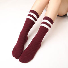 The children of Han Guoqiu winter socks Japanese cotton socks retro all-match short piles in ventilation tube long socks Size 35-44 Double needle, two bar, wine red