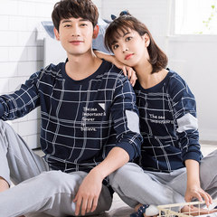 Spring and autumn and fall a long sleeved cotton pajamas a couple of men and women in autumn and winter can wear cotton Home Furnishing suit Female L A dark blue plaid