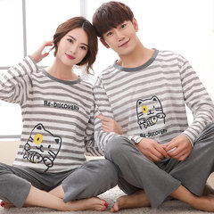 Spring and autumn and fall a long sleeved cotton pajamas a couple of men and women in autumn and winter can wear cotton Home Furnishing suit Female L T stripe cat