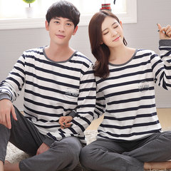 Spring and autumn and fall a long sleeved cotton pajamas a couple of men and women in autumn and winter can wear cotton Home Furnishing suit Female L Black and blue stripes
