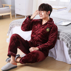 Men's winter coral velvet cotton flannel pajamas thickened three layer Home Furnishing male clothing cashmere jacket code set L BM8005