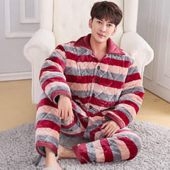 Three layer thickening coral velvet cotton pajamas, men's winter flannel clothes, middle-aged dads, middle aged and old people suits XL code recommends weight 110-130 Tricolor stripe