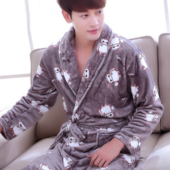 A couple of female long sleeved flannel bathrobe nightgown and winter pajamas men thickening coral fleece size Home Furnishing. 160 (M) Dark grey