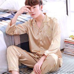 Pajamas, men's long sleeves silk, spring and autumn ice silk pajamas, men's summer style leisure home clothes, big code suit L Dragon and Phoenix champagne