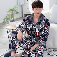 Thicker autumn and winter men's flannel pajamas set, coral velvet long sleeved warm home clothes, two sets of pajamas men L Gray letter case