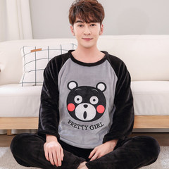 Autumn and winter cartoon men's thickening coral velvet pajamas, men's flannel pajamas suit long sleeve household clothes Add fertilizer code 5XL (260 Jin) Light grey