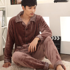Men's pajamas winter coral velvet winter and autumn thickening and flannel flannel, winter warm and fertilizer, increase code loose 2XL (using 340 grams of super thick fabric) Auspicious clouds wrapping Camel