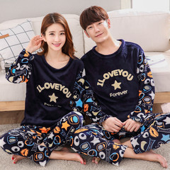 Autumn and winter Korean couple thickening flannel pajamas lady winter coral velvet long sleeve cartoon men's suit Female manure plus: XXL Velvet love forever