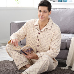 Men's pajamas, long sleeved cotton, spring and autumn add fertilizer to increase code, middle aged and older dads, middle-aged home suit set winter M (rising prices can not be missed) A7066 apricot