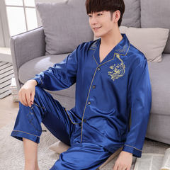 Korean youth in pure spring and summer autumn winter men's long sleeved silk pajamas silk thin silk clothing Home Furnishing XL code F168 long sleeve embroidered Dragon Blue