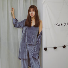 Super beautiful velvet pajamas three piece goddess new winter long sleeved robe Home Furnishing thickened loose suit. F Silver gray