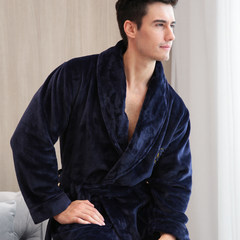 A couple of young men in winter robe thick flannel bathrobe code warm Coral Fleece Pajamas female lengthen 3XL Tibetan blue (male)
