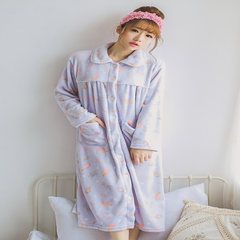 Cute girls female flannel gown of autumn and winter Clubman thickened coral fleece bathrobe Nightgown long sleeved pajamas F The purple robe bottle in the long section of length 108
