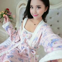 Thickened Coral Fleece Pajamas female autumn winter Nightgown cute cartoon flannel gown two piece suit Home Furnishing bathrobe Two sets of discount 5 yuan, photographed gift freight insurance Two piece of lavender Robe
