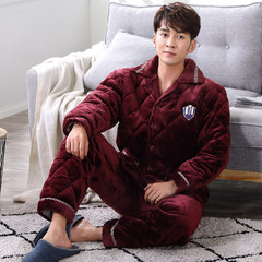 Pajamas men three layers winter thickening, coral velvet, cotton pajamas, men's flannel big size home suit set XXL (recommendation 175-180CM, 180 Jin) 6834 Bordeaux