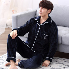 Autumn and winter coral velvet pajamas, women's long sleeves thickening flannel men's home suit plus fat XL Trumpet L (163\115 Jin) Blue cardigan Mens thickening