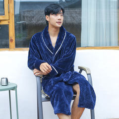Autumn and winter flannel bathrobe female couple coral velvet robe thickened in the long section of female female man Home Furnishing wear pajamas S/M (less than 130 Jin) Navy Blue (male)