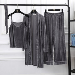 Sexy suspender three piece cashmere lady winter pajamas long sleeved robe wide leg pants striped velvet suit Home Furnishing M Three pieces of velvet [gray]