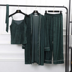 Sexy suspender three piece cashmere lady winter pajamas long sleeved robe wide leg pants striped velvet suit Home Furnishing M Three pieces of velvet [green]