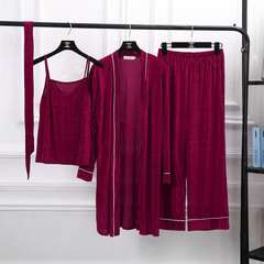 Sexy suspender three piece cashmere lady winter pajamas long sleeved robe wide leg pants striped velvet suit Home Furnishing M Three pieces of velvet [red wine]
