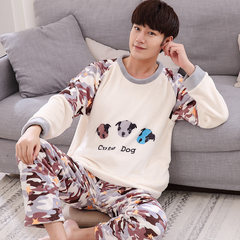 Men's pajamas winter coral velvet thickening Plush young cartoon long sleeve flannel men's home clothing thermal set Loss sale, return the original price 819 camouflage dog flannel