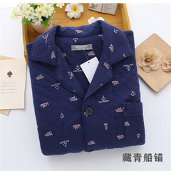 Japanese spring and winter, men's pajamas long sleeved cotton thickening cotton folder, autumn home clothing set big yards warm M (110--135 kg) Navy ship anchor