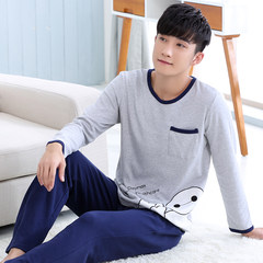 Men's pajamas, long sleeves, cotton, autumn and winter middle school students' home wear, autumn youth, neck collar junior middle school students' Leisure Sports XXXL (170— 190 Jin) (long) 4071 grey and big white