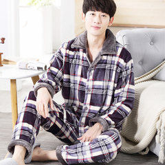Autumn and winter coral fleece flannel pajamas pajamas Mens Long sleeve cardigan dress thickening Home Furnishing Korean large code XXXL (180-200 Jin) 8615 red dotted line