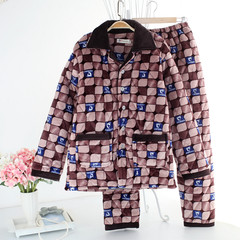 Pajamas man winter thickening and velvet coral fleece cotton warm three layer flannel men's autumn winter home suit XXXL code weighs more than 170 kilograms, height more than 185 Charm square