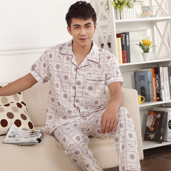 Spring and autumn and summer men's cotton pajamas XL short sleeved pants mens wear long sleeved cardigan suit middle-aged Home Furnishing XXL [height 165-172] Ginger