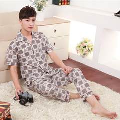 Spring and autumn and summer men's cotton pajamas XL short sleeved pants mens wear long sleeved cardigan suit middle-aged Home Furnishing XL [height 160-168] Blue