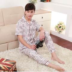 Spring and autumn and summer men's cotton pajamas XL short sleeved pants mens wear long sleeved cardigan suit middle-aged Home Furnishing XL [height 160-168] Blue Peacock