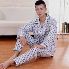 Spring and autumn and summer men's cotton pajamas XL short sleeved pants mens wear long sleeved cardigan suit middle-aged Home Furnishing XL [height 160-168] 853# blue