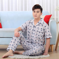 Spring and autumn and summer men's cotton pajamas XL short sleeved pants mens wear long sleeved cardigan suit middle-aged Home Furnishing XL [height 160-168] Emerald green