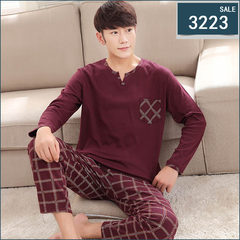 Spring and autumn season, long sleeved pajamas, pure cotton men's head, home wear, leisure spring, men's cotton pajamas XL set L (120 Jin -140 Jin) Claret