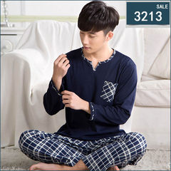 Spring and autumn season, long sleeved pajamas, pure cotton men's head, home wear, leisure spring, men's cotton pajamas XL set L (120 Jin -140 Jin) Navy Blue