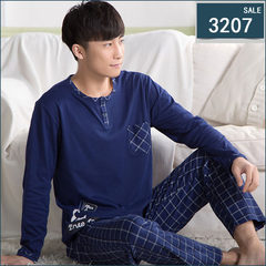 Spring and autumn season, long sleeved pajamas, pure cotton men's head, home wear, leisure spring, men's cotton pajamas XL set M (90 Jin -120 Jin) Royal Blue