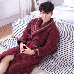 Men's robe winter long robe thickened pajamas Mens warm winter coral fleece quilted bathrobe adult XL [135-155 Jin] B68041 red wine